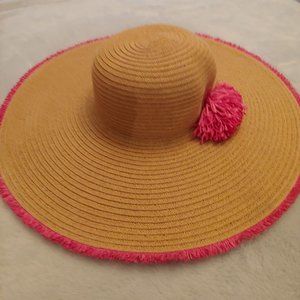 Nine West large floppy straw sun hat with pink straw flower and trim